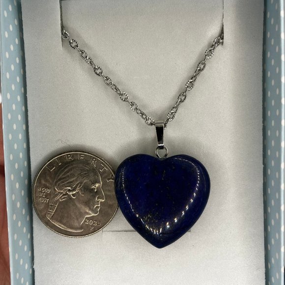 Genuine Lapis Lazuli Gemstone HEART Pendant 18 inch Stainless Steel Chain - Picture 7 of 16